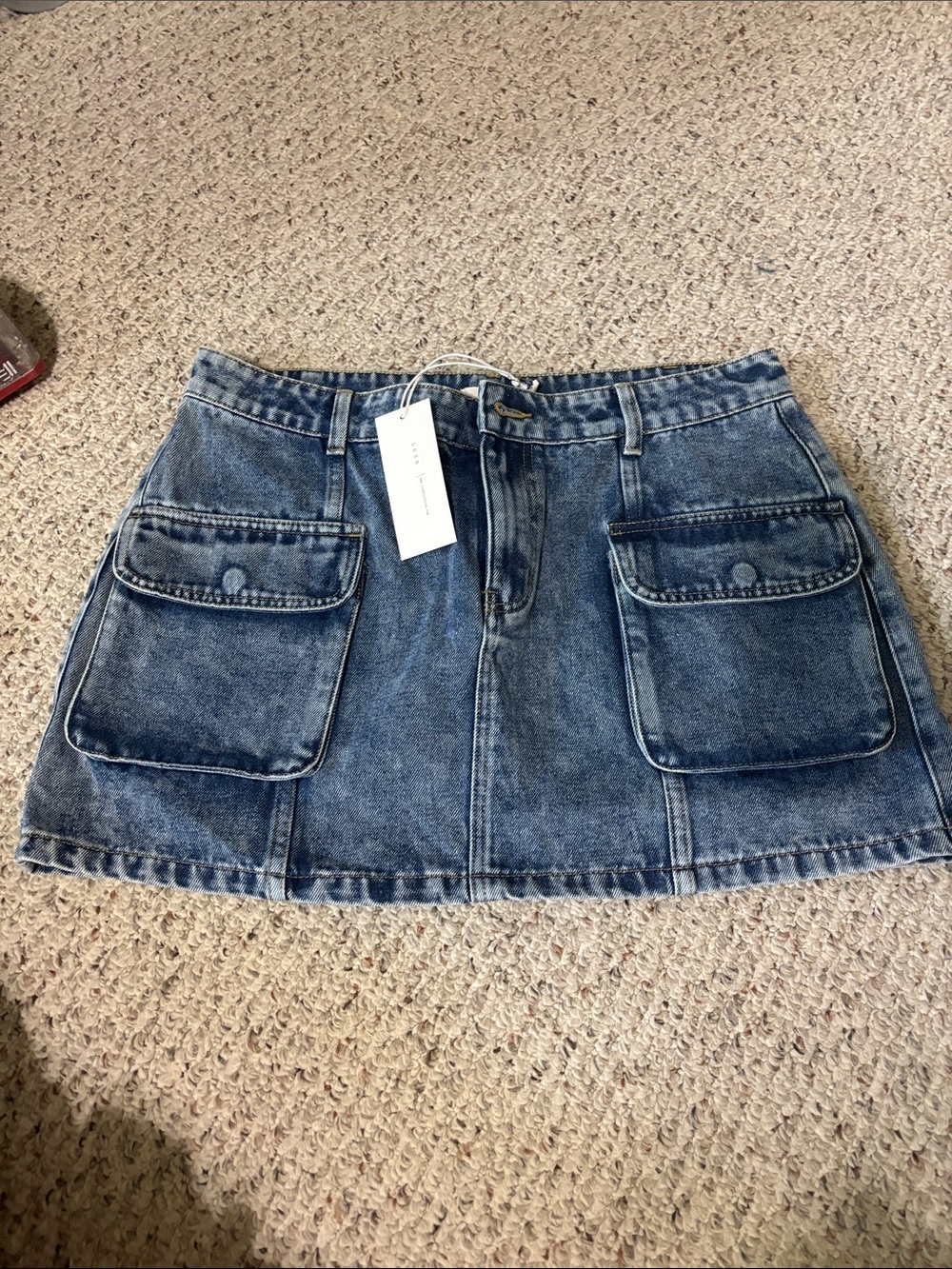Lush Blue Denim Mini Skirt with Front Patch Pockets